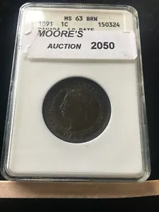 1891 LL:LD Obv#3 ,ANACS Graded Canadian, Large One Cent, **MS-63** - Picture 1 of 7