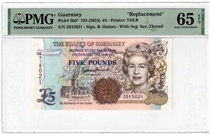Billete 2023 Guernsey 5 libras UNC P56d QEII nuevo REPUESTO Z Prefix PMG 65 - Imagen 1 de 2
