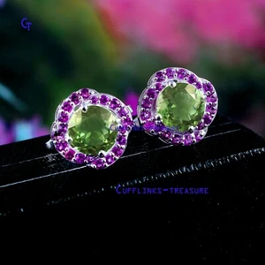 Natural Peridot & Amethyst Gemstones with 925 Sterling Silver Men's Cufflinks #8 - Picture 1 of 3