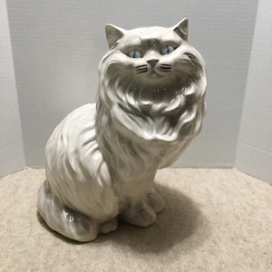 Vintage Large 14" Ceramic Gray/White Persian Cat Statue Figurine - Picture 1 of 18