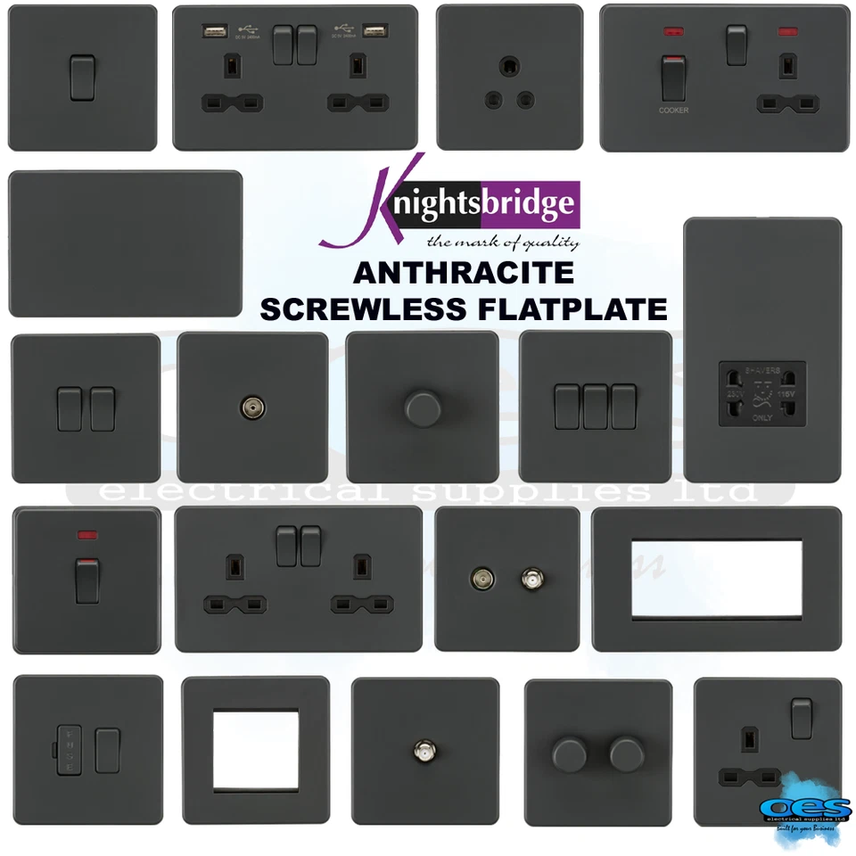 KNIGHTSBRIDGE SCREWLESS FLATPLATE LIGHT SWITCHES & SOCKETS ANTHRACITE RANGE - Image 1 of 1