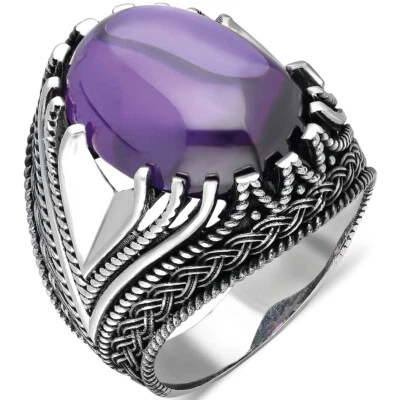 Anillo para hombre con patrón de tejido de piedra amatista ovalada de plata de ley 925 sólida Foto 1 de 4