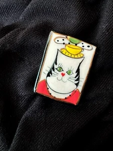 Large Ceramic Black White Cat Theme Colorful Painted Pin Brooch - Picture 1 of 2