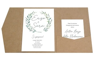 Partecipazioni matrimonio inviti nozze pocketfold carta kraft busta greenery - Foto 1 di 11
