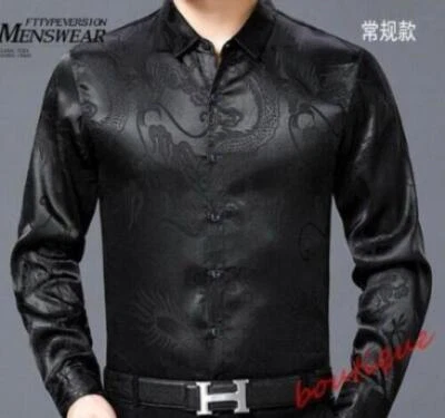 Camisas de vestir de seda sintética para hombre patrón de dragón botones delanteros calce ajustado negocios 2024 Foto 1 de 4
