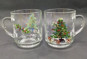 Set of 2 Vintage Luminarc Christmas Tree Clear Glass Mugs  With Handles EUC - Picture 1 of 8