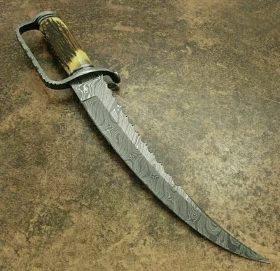 Antique Scimitar Blade Damascus Steel Persian Hunting Knife Historical Replica - Image 1 of 4