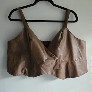 She In Curve Faux Leather Deep V Button Snaps Crop Top Brown Plus Size 4XL - Picture 1 of 7