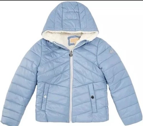 Giacca Michael Kors bambina foderata in pelliccia sintetica con cappuccio e zip blu chiaro TG 7 8 nuova con etichette