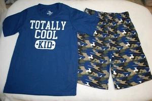 Boys BLUE S/S T-SHIRT "TOTALLY COOL KID" Knit Camo Shorts Green Brown Blck S 6-7 - Picture 1 of 1