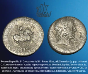 82 BC Roman Republic P. Crepusius AR Silver Denarius Rome Mint Horseman Coin - Picture 1 of 4