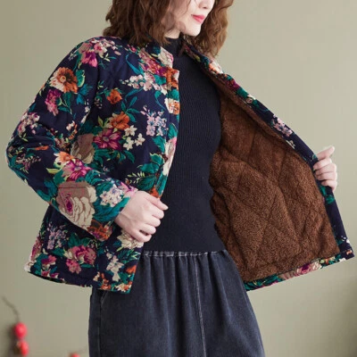 Dama Étnico Floral Chaquetas Abrigo Vellón Piel Forrado Botón Ajustado Cálido Suave Invierno Foto 1 de 4