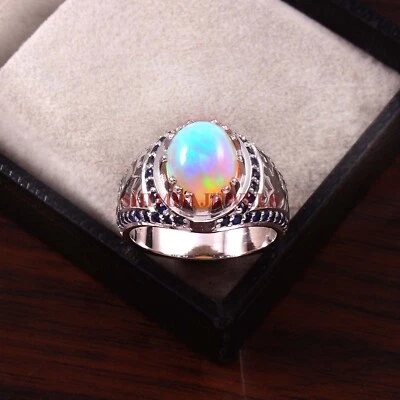 Natural Opal & Lab Create Sapphire Gemstone With 925 Sterling Silver Men's Ring - Image 1 of 4