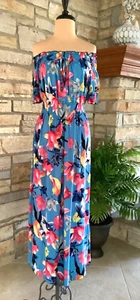 Vintage On Off Shoulder Matte Silky Stretch Floral Spring Summer Midi Dress XL - Picture 1 of 19