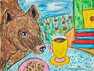 Brown Bear drinking Coffee 4 x 6 Wildlife Folk ART Print signed Artist KSams - Picture 1 of 1