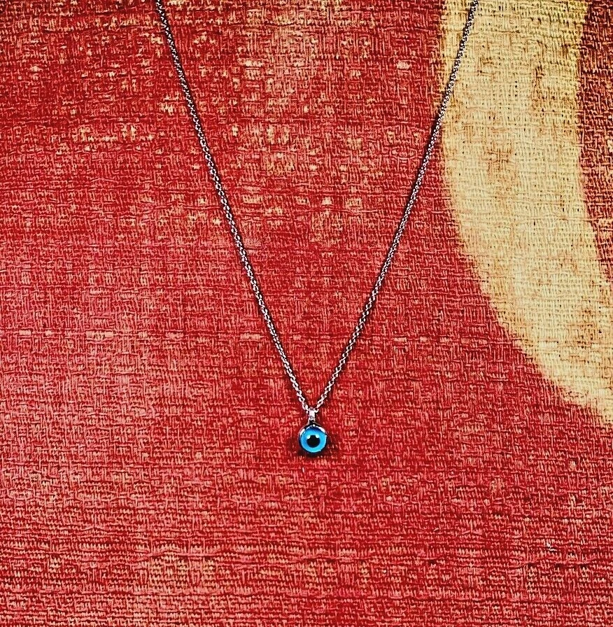 Colgante Mal de Ojo Oro Blanco Sólido 14k Mataki Mati Azul 16 pulgadas Cadena Grecia Foto 1 de 4