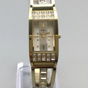 Relic Watch Women 17mm Gold Tone Rectangle Dial Crystals New Battery 6.75" - Picture 1 of 16