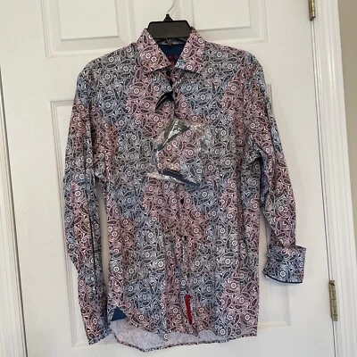 Luciano Visconti Black Shirt Mens Size Small Button up Blue print and Face Mask — 第 1/4 张图片