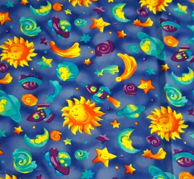 Cute Hoffman Cotton Fabric Outer Space on Blue Sun Planets Moon 44" W x 1¾ Yds - Image 1 of 4