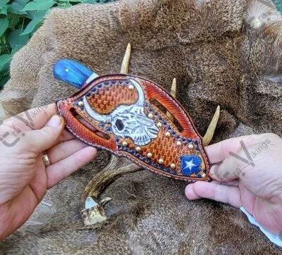 Cowboy Pancake Knife LEATHER Sheath and Knife Combo, Bull Cutter, Father's Gift. - Image 1 of 4