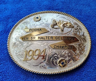 Vtg Montana Silversmiths Silver Plate 1994 PCQHA Champion Trophy Belt Buckle - Image 1 of 4