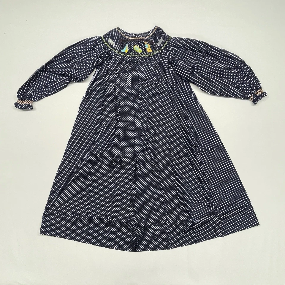 Mom & Me 学步儿童 100% 棉连衣裙海军蓝/白色圆点圣诞缩褶 — 第 1/4 张图片