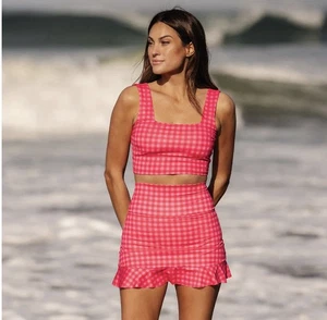 Albion PINK GINGHAM HIGH-WAISTED SWIM SKIRT skort large NEW NWT girly feminine - Picture 1 of 12