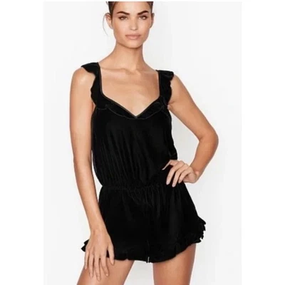 Victoria's Victorias Secret черный бархат v-образным вырезом оборки Детский комбинезон подходит большой шорты - Изображение 1 из 4