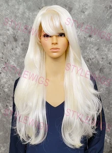 Platinum Blonde Extra Long Natural Straight Hair Curly Ends Bangs Full Wig EVAE - Picture 1 of 8