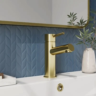 WELOVEBATHROOMS Brantley Modern Brushed Brass Basin Mono Mixer Lever Tap & Push-Button Waste
