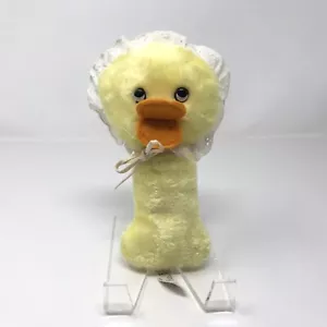 VINTAGE EDEN TOYS YELLOW DUCK WEARING LACE BONNET PLUSH HAND RATTLE TOY - Picture 1 of 8