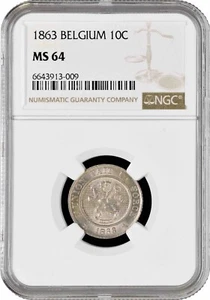 Belgium 10 centimes 1863, NGC MS64, "King Leopold I (1832 - 1865)" - Picture 1 of 2