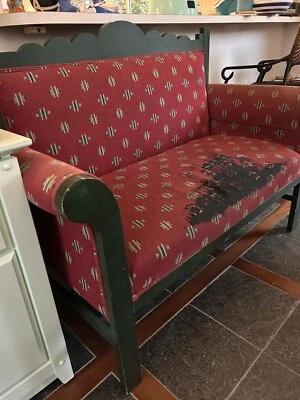 Vintage Green and Red Wooden Bench Seat With Back -Sturdy, Needs New Upholstery - Image 1 of 4