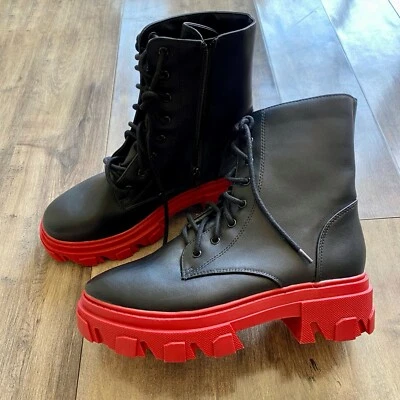 Forever 21 New Colorblock Red/black Lace Up & Zipper Faux Leather Combat Boots  - Image 1 of 4