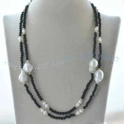 Colar de pérolas Keshi barroco gota branca contas redondas pedras preciosas ágata preta 4 mm 14-56"" - Imagem 1 de 4