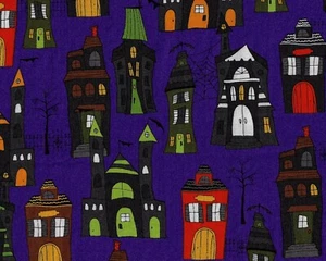 Stoff, unheimliche Gasse von Kaufman, gruselige Häuser auf lila, von / HALBER Yard - Bild 1 von 1