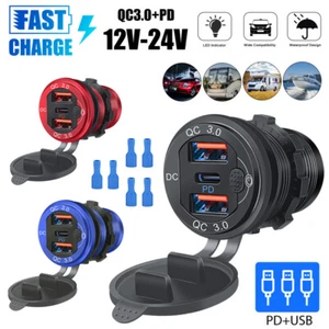 Car Fast Charger Socket Dual USB QC3.0 PD Power Outlet LED Voltmeter Waterproof - Zdjęcie 1 z 14