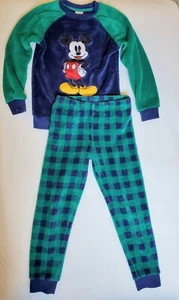 Disney Mickey Mouse Fuzzy Pajama Set Boys 7/8 Winter PJ Green Blue Plaid - Picture 1 of 5