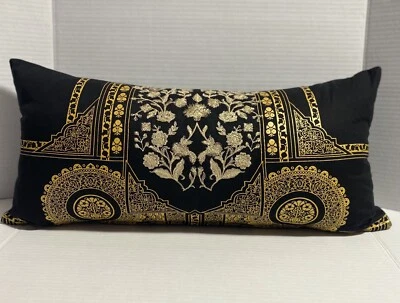Black And Gold Ethnic Inspired Lumbar Pillow Long Pillows Indian Cushions - Image 1 of 4