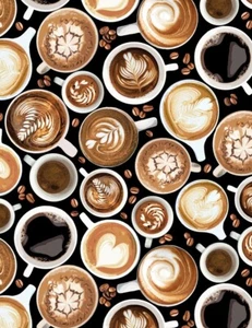 Food Fabric - Coffee Cup Latte Art Black C7257 - Timeless Treasures YARD - Picture 1 of 1