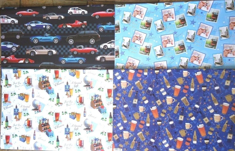 MEN'S WRAPPING PAPER - 2 SHEETS TOP QUALITY GIFT WRAP - beer pint sports cars