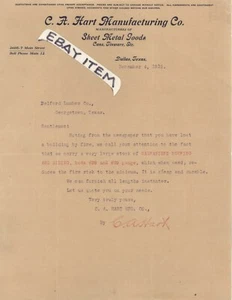 1915 Dallas Texas CA HART MANUFACTURING lamiera merce latta latta TESTA DI LETTERE - Foto 1 di 1