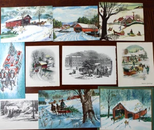 Tarjetas de Navidad vintage caballos y vagones escenas nevadas grandes FRENTES - Lote de 10 - Imagen 1 de 11