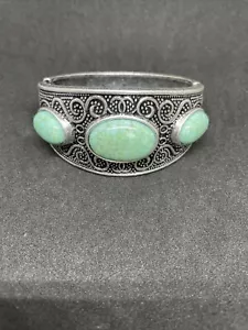 Vintage Southwestern Silvertone Faux Turquoise Chunky Cuff Hinged 6.7” Bracelet - Picture 1 of 8
