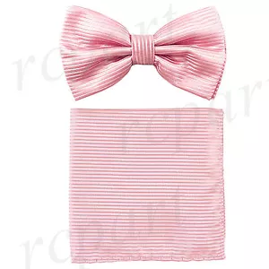 Nueva pajarita formal de poliéster preatada para hombre_hankie rayas horizontales rosa - Imagen 1 de 3