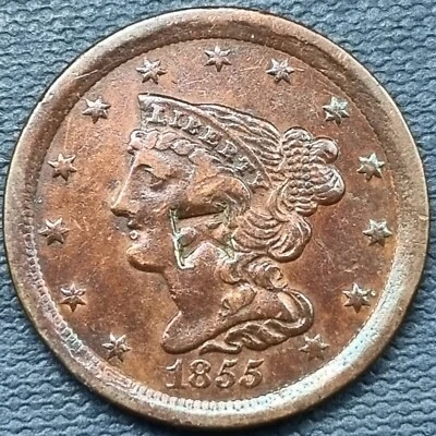 Medio centavo cabello trenzado 1855 1/2 c mejor grado en estado bastante bueno contraestampado "K" #78433 Foto 1 de 2