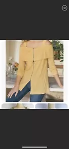 Soft Surroundings Womens Zip Front Cold Shoulder Top Blouse GOLD 2BY26 Size M - Picture 1 of 6