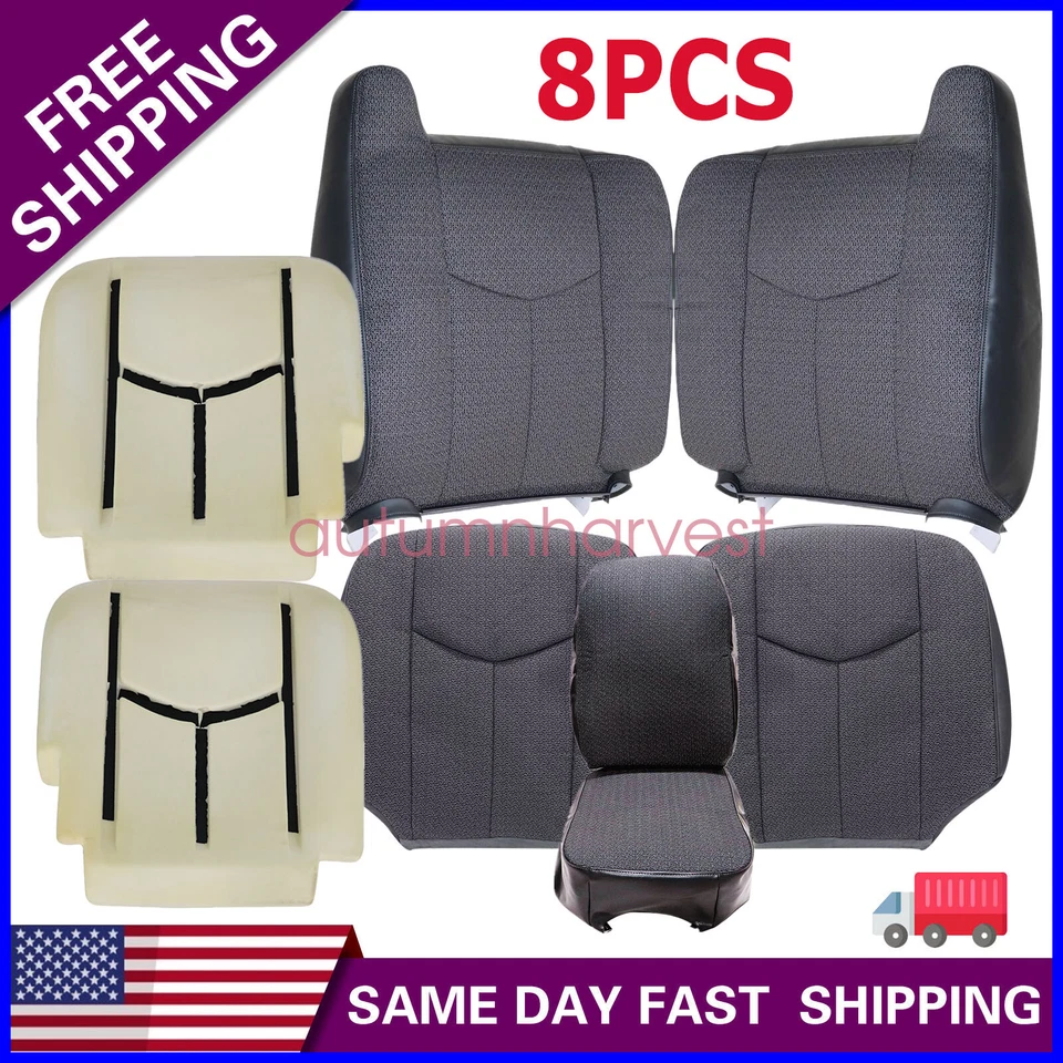 Cubierta de asiento de tela delantera inferior-parte superior gris y espuma para Chevy Silverado 2003-2007 8 piezas Foto 1 de 4