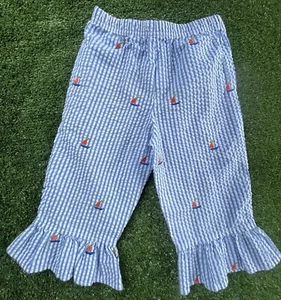 Kelly's Kids Girls 4 - 5 Capri Cropped Seersucker Sailboat Pants Ruffle Hem EUC - Picture 1 of 7