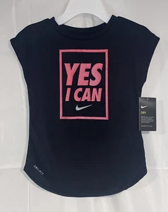 Nike Dry Fit Tee, Black Short Sleeve With Pink YES I CAN Girls Size 5 NWT - Picture 1 of 2